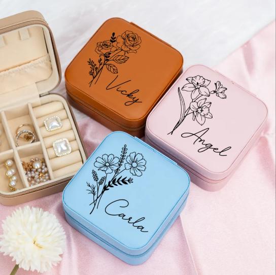 Custom Jewelry Case, Birth Flower Jewelry Travel Case, Birth Month Flower Gift, Personalized Etched Gift, Birthday Gift, Bridesmaid Gift