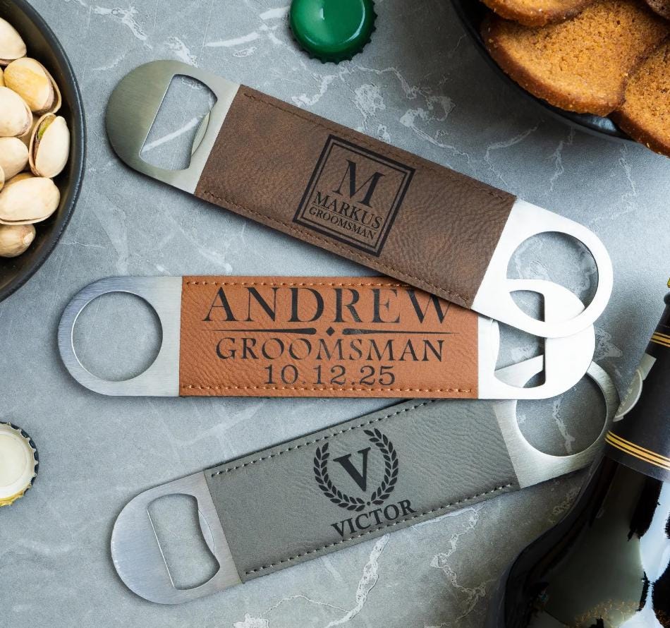 Drink and Barware, Stainless Steel Bottle Opener, Personalized Engraved Leatherette Bottle Opener, Beer Party Favor, Bar Tools, Gift for Him