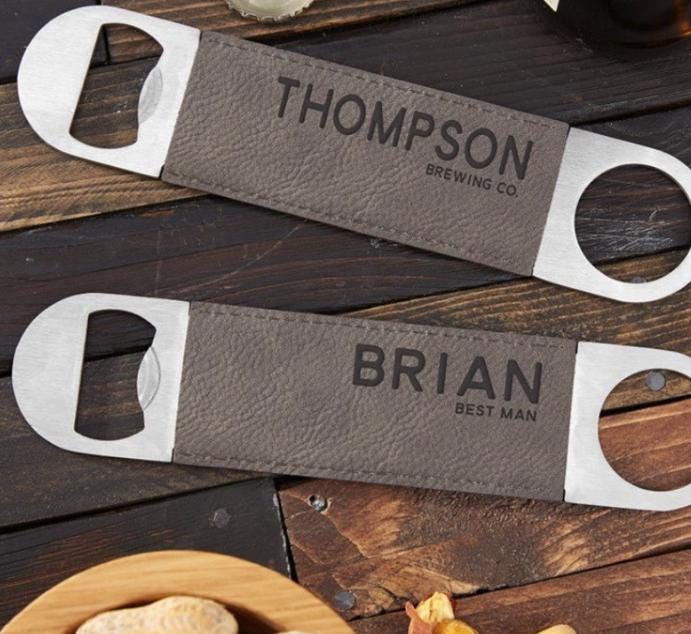Drink and Barware, Stainless Steel Bottle Opener, Personalized Engraved Leatherette Bottle Opener, Beer Party Favor, Bar Tools, Gift for Him