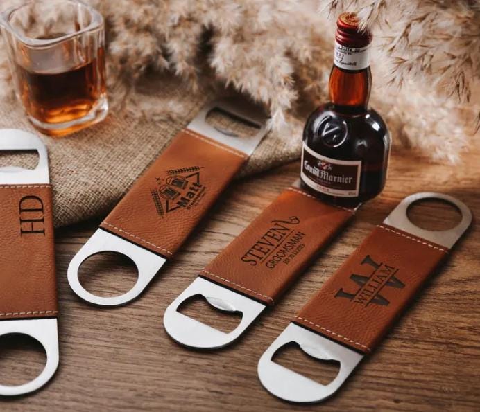 Drink and Barware, Stainless Steel Bottle Opener, Personalized Engraved Leatherette Bottle Opener, Beer Party Favor, Bar Tools, Gift for Him