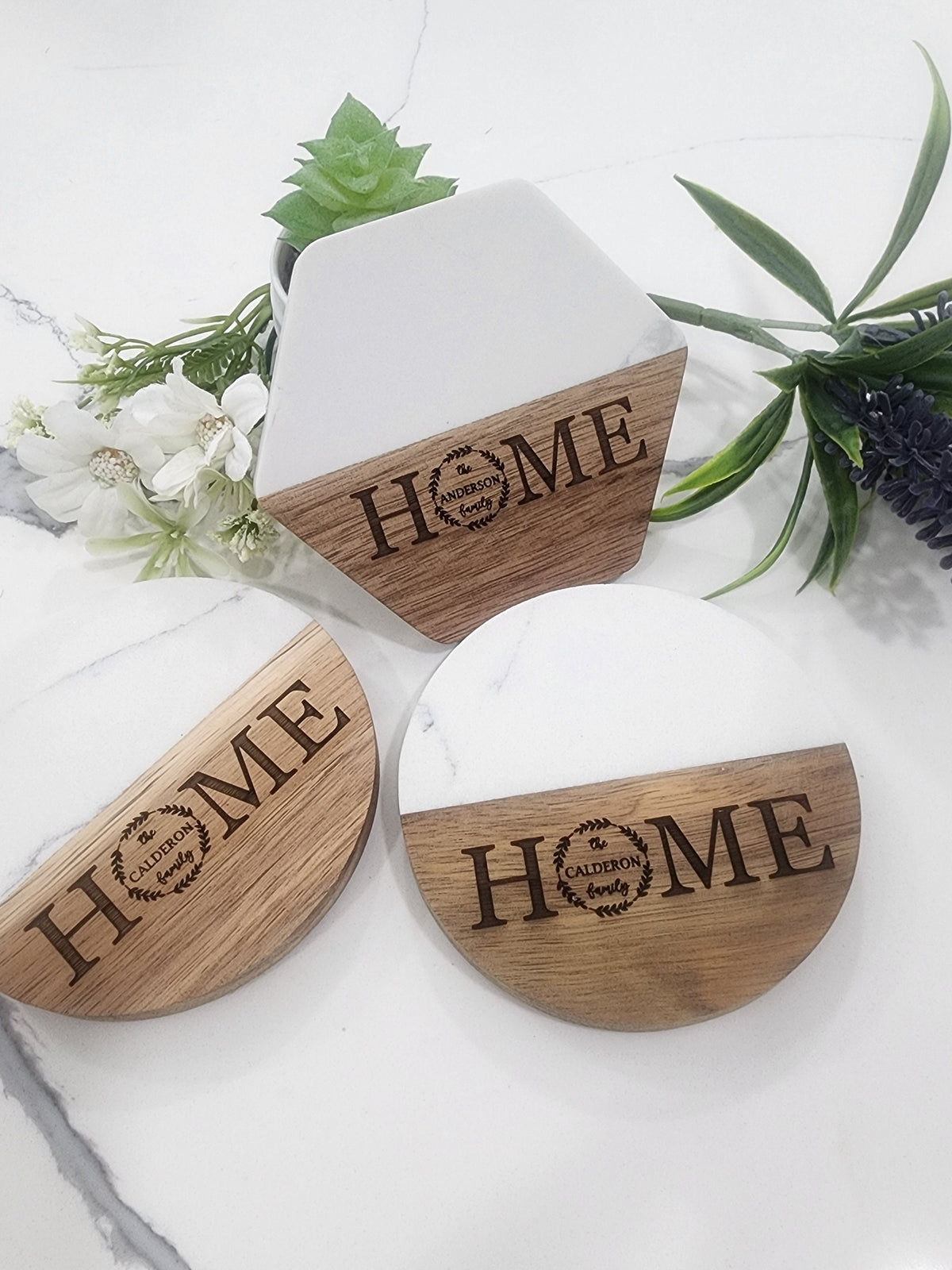 Custom Engraved Marble Wood Coasters, Housewarming Gift, Wedding Gift, Personalized Valentines Couple Gift, Engagement Gift, Gift for Her