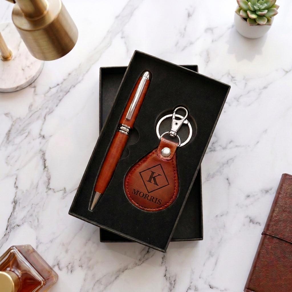 Corporate Gift Set Keychain Gift Set Laser Engraved Logo Business Promotion Personalized Stationery Pen and Key chain Set, Office Gift Box
