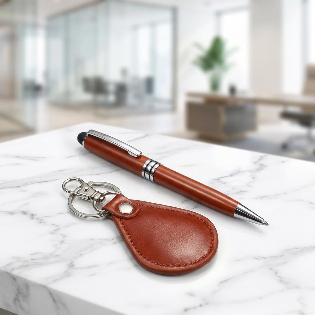 Corporate Gift Set Keychain Gift Set Laser Engraved Logo Business Promotion Personalized Stationery Pen and Key chain Set, Office Gift Box