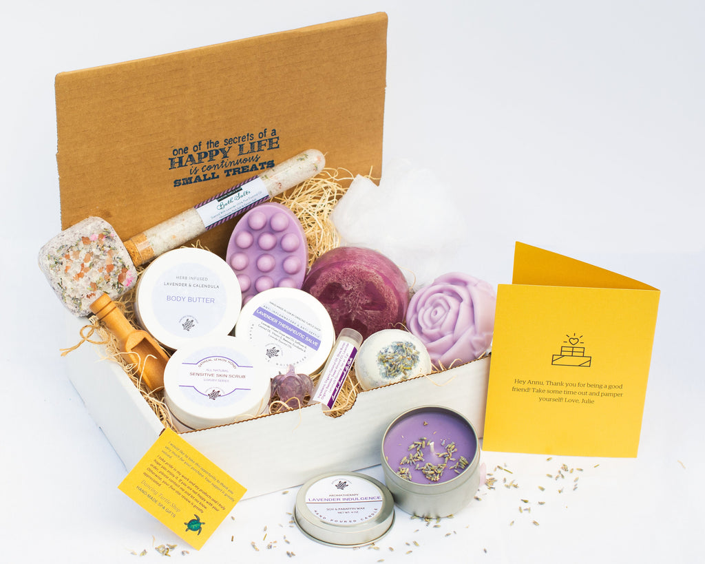 Lavender Spa Gift Set, Natural Body Butter, Bath Bomb, Candle, Personalized Gift