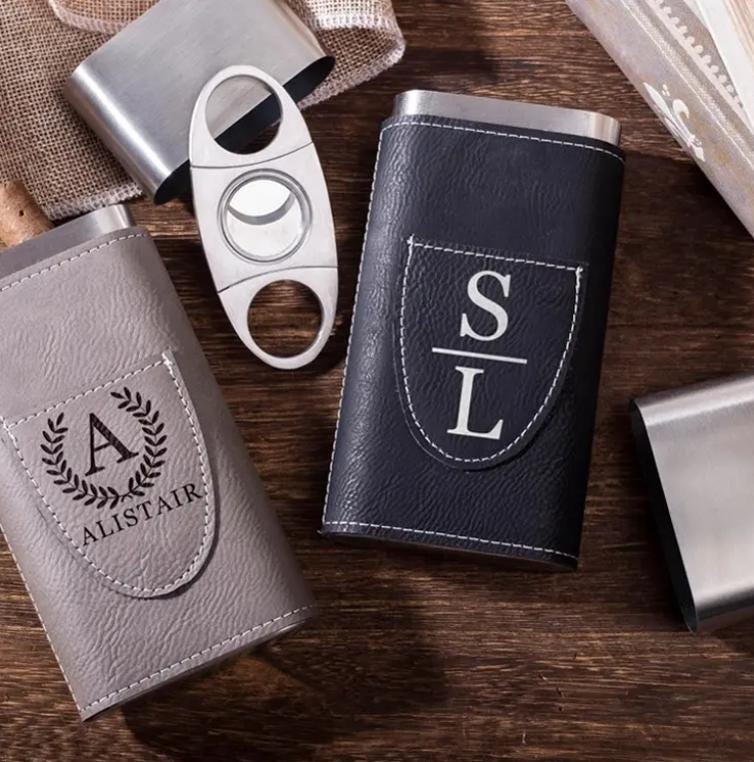 Custom Leather Cigar Case with Cutter, Groomsmen Gifts, Best Man Gift, Men's Birthday Gift Personalized Leather Cigar Case, Cigar Cutter Set