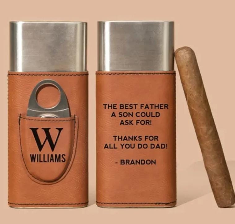 Etched Leather Cigar Case with Cutter, Groomsmen Gifts, Best Man Gift, Men's Birthday Gift Personalized Leather Cigar Case, Golfers Gift