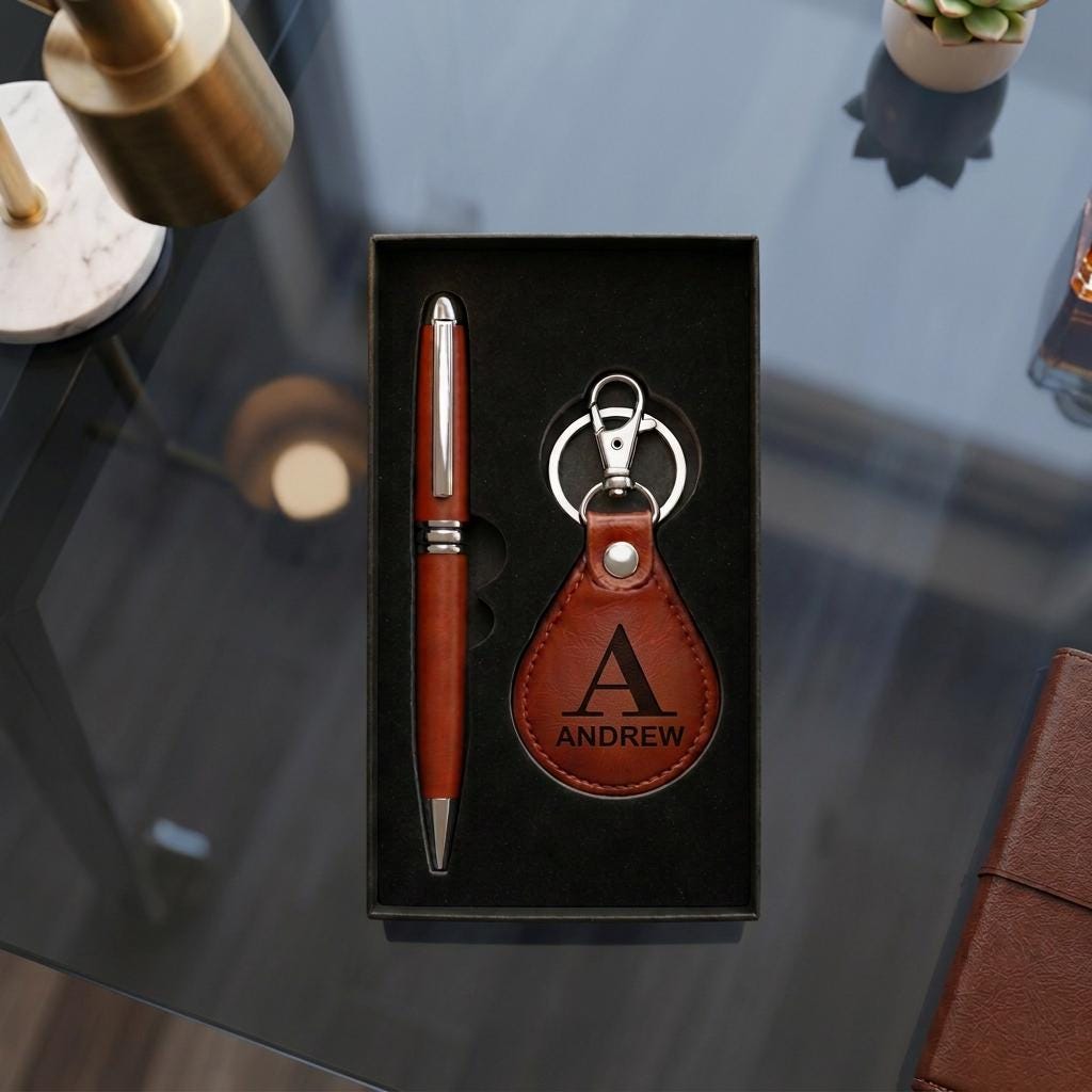 Corporate Gift Set Keychain Gift Set Laser Engraved Logo Business Promotion Personalized Stationery Pen and Key chain Set, Office Gift Box
