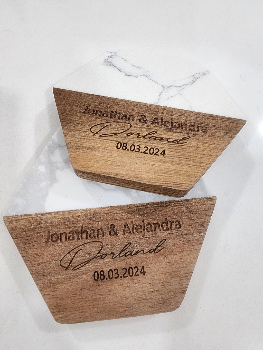 Engraved Marble Wood Coasters, Personalized Wedding Gift, Home Gift.