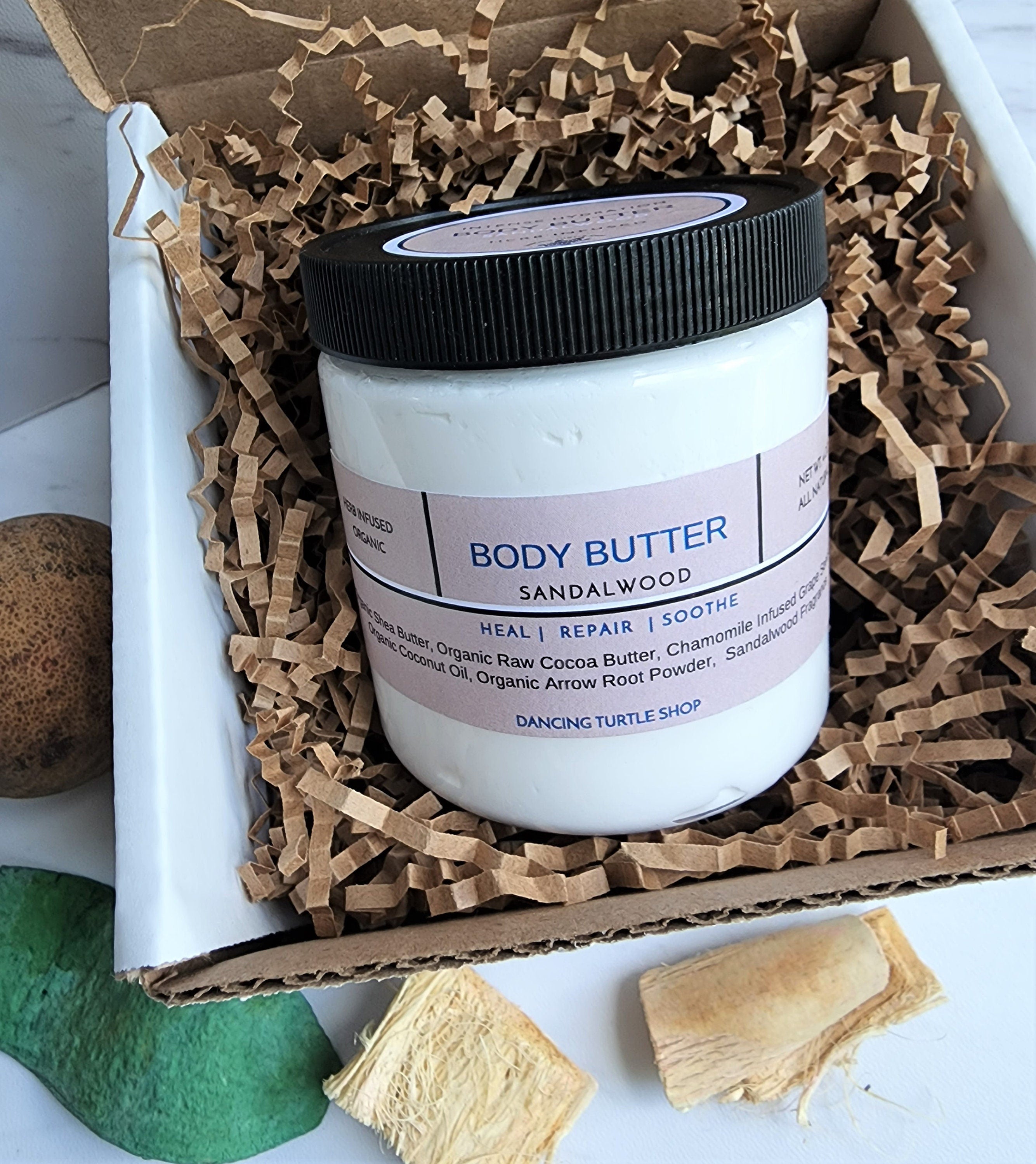 Herb Infused Body Butter, Shea & Cocoa, Sandalwood Scent