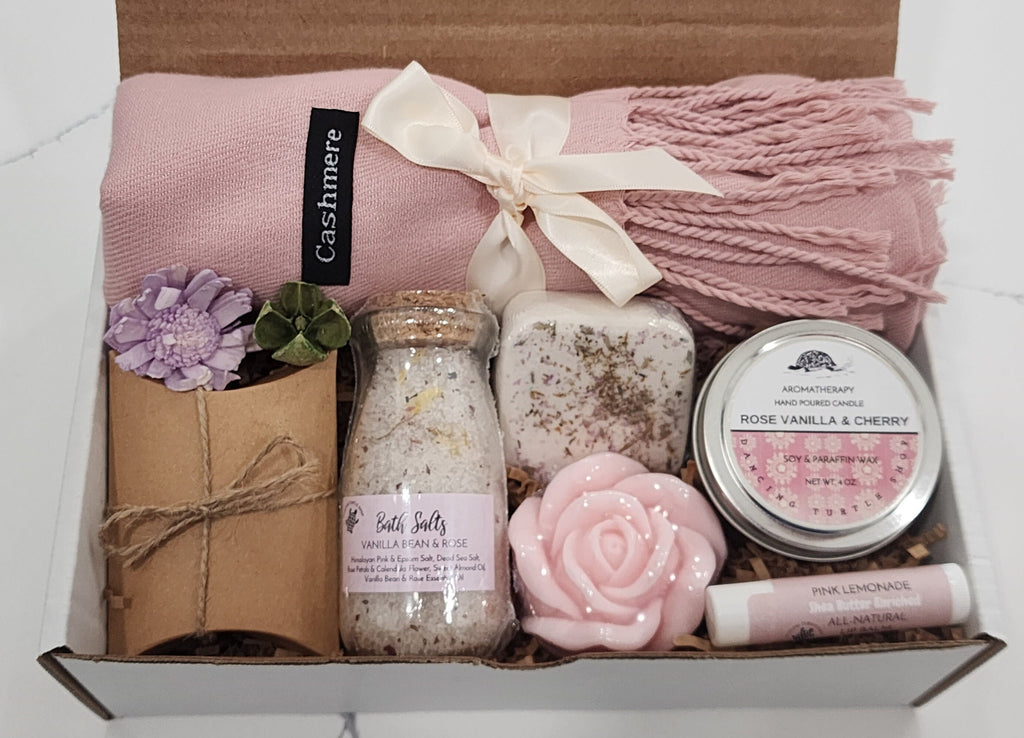 Classy Gift Basket for Women | Cozy Self Care Gift Set with Scarf, Candle, Bath Salts, Soap & More | for Birthdays, Thank You Gift for her