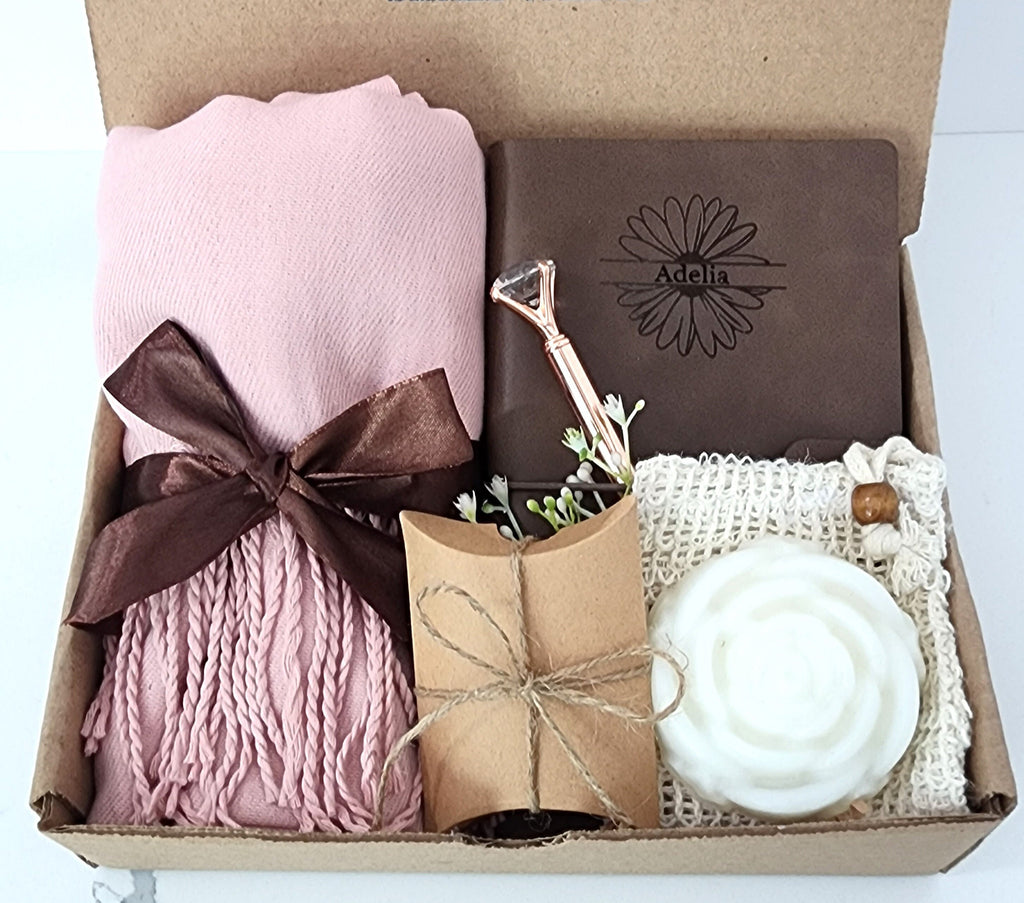 Personalized Hygge Gift Box for Her | Cozy Cashmere Blend Scarf, Notebook, Fuzzy Socks | Spa Gift Basket, Holiday Gift, Mother's Day Gift