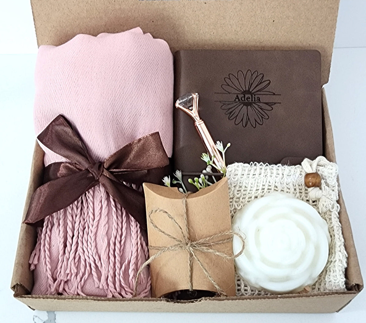 Personalized Hygge Gift Box for Her | Cozy Cashmere Blend Scarf, Notebook, Fuzzy Socks | Spa Gift Basket, Holiday Gift, Mother's Day Gift