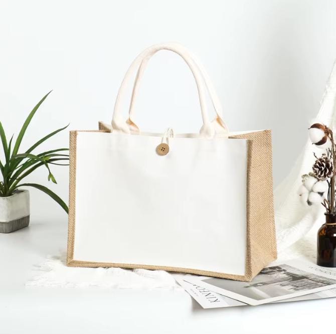 Natural Jute Canvas Tote Bag, Bridesmaid Gift Bag, Beach bag, Bridal Shower Gift, Shopping Bag, Wedding Party Favor