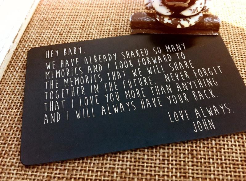 Personalized wallet card, Metal wallet card, Wallet card insert, Personalized message card, , Sentimental Romantic Keepsake, Custom Gift