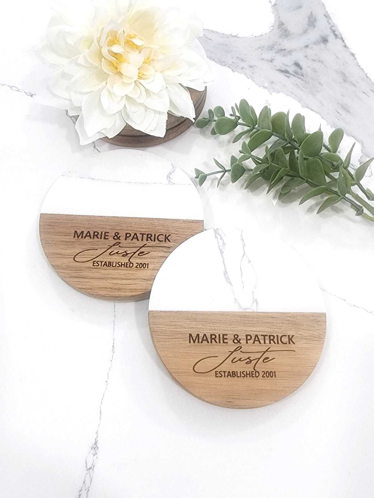 Engraved Marble Wood Coasters, Personalized Wedding Gift, Home Gift.