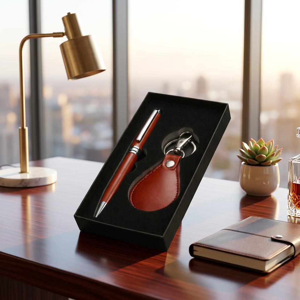 Corporate Gift Set Keychain Gift Set Laser Engraved Logo Business Promotion Personalized Stationery Pen and Key chain Set, Office Gift Box