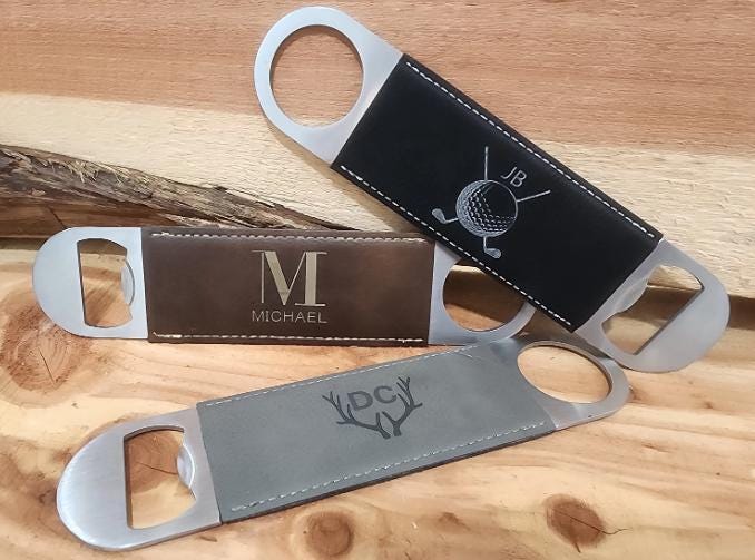 Drink and Barware, Stainless Steel Bottle Opener, Personalized Engraved Leatherette Bottle Opener, Beer Party Favor, Bar Tools, Gift for Him