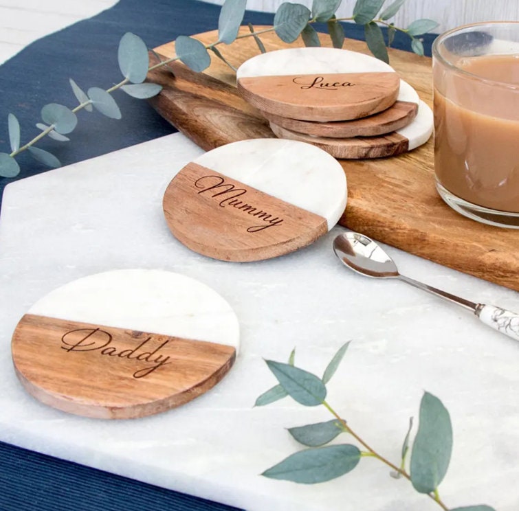 Engraved Marble Wood Coasters, Personalized Wedding Gift, Home Gift.