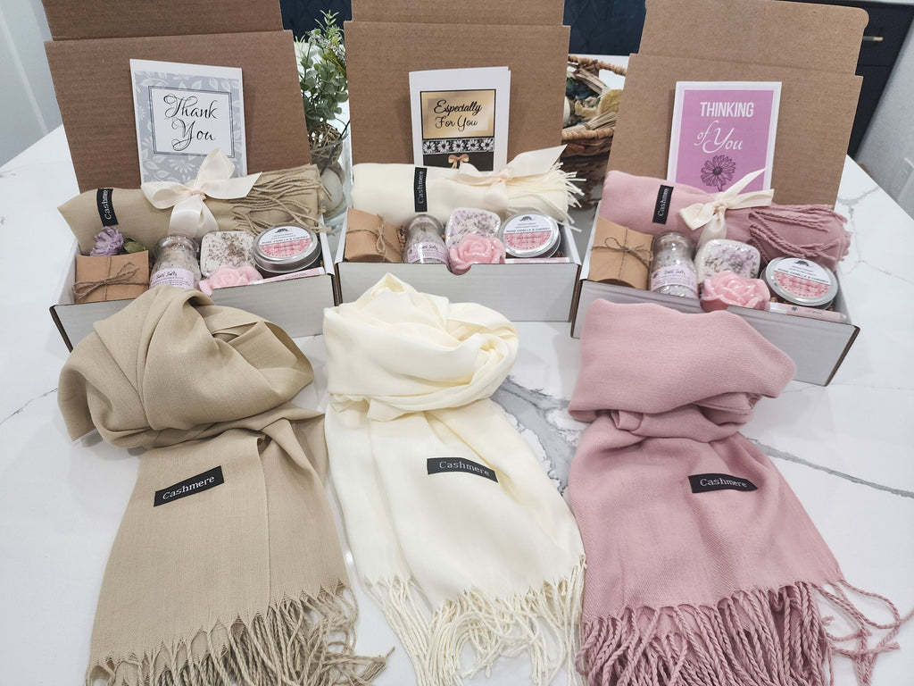 Classy Gift Basket for Women | Cozy Self Care Gift Set with Scarf, Candle, Bath Salts, Soap & More | for Birthdays, Thank You Gift for her