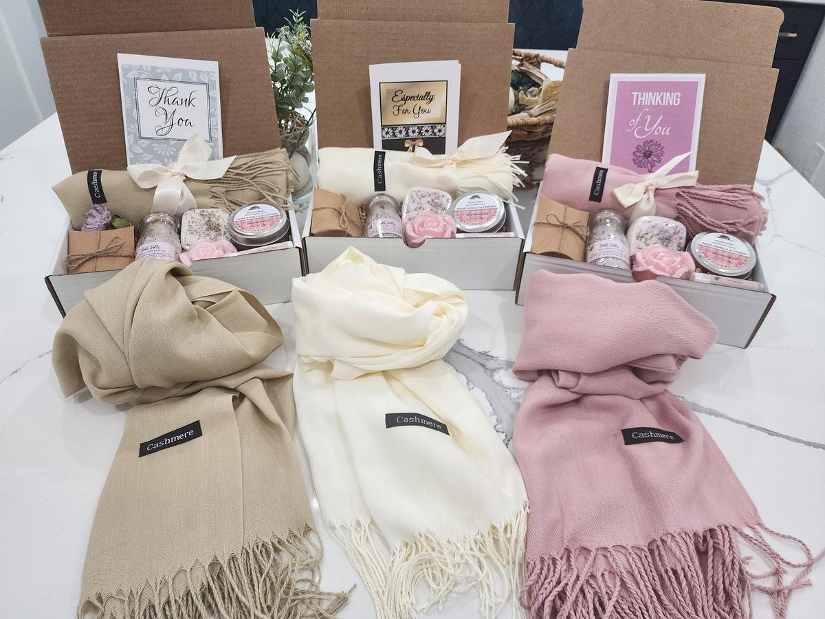 Classy Gift Basket for Women | Cozy Self Care Gift Set with Scarf, Candle, Bath Salts, Soap & More | for Birthdays, Thank You Gift for her