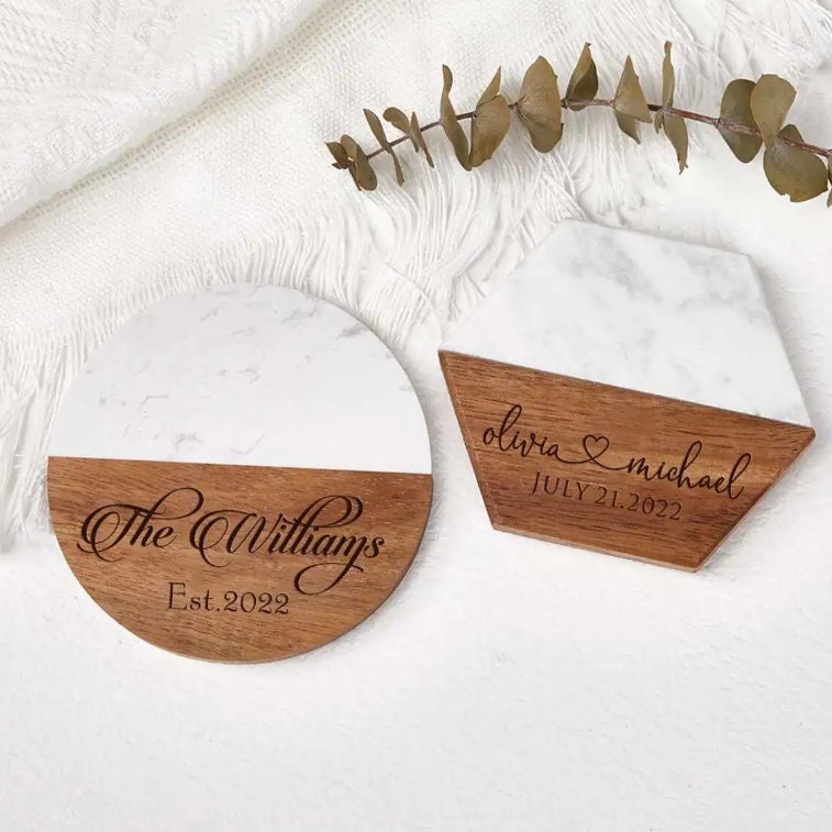 Custom Engraved Marble Wood Coasters, Housewarming Gift, Wedding Gift, Personalized Valentines Couple Gift, Engagement Gift, Gift for Her
