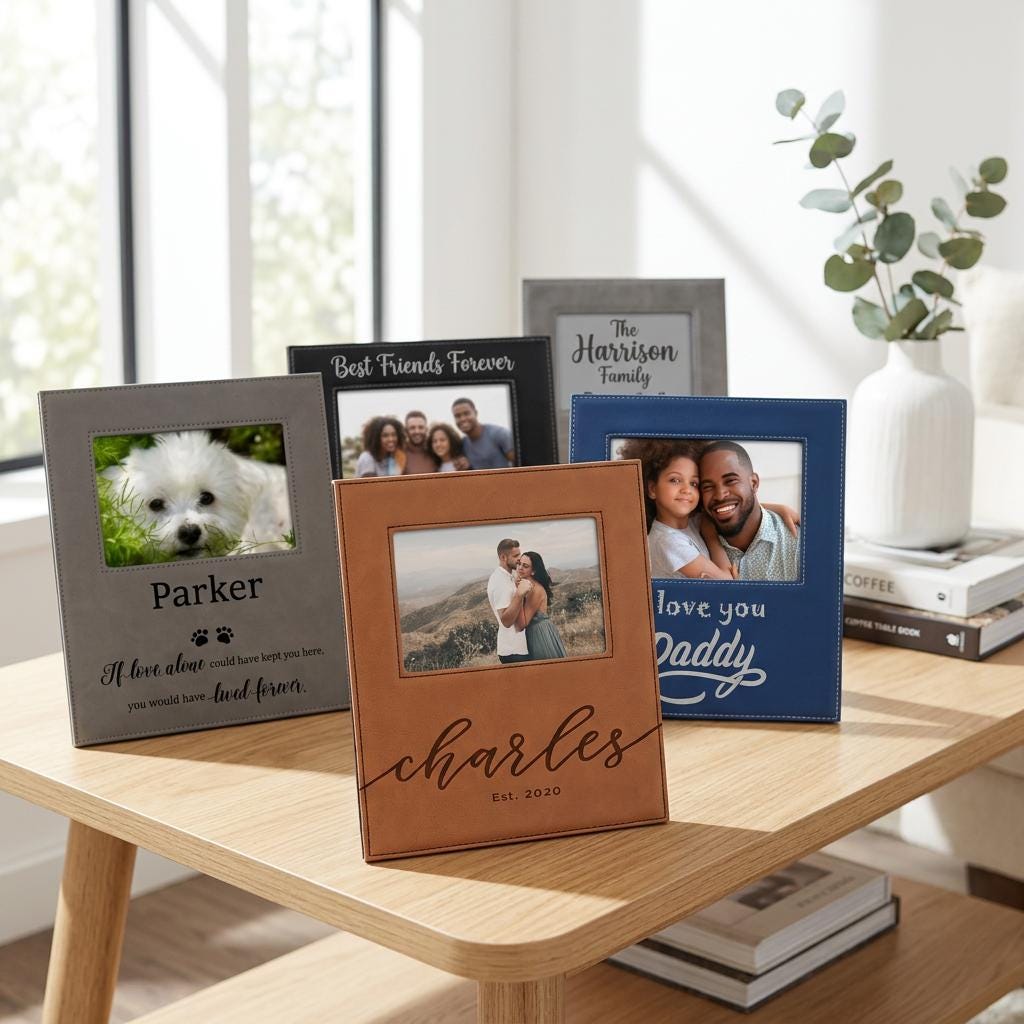 Custom Photo Frame, Personalized Add Your Custom Text Engraved Leatherette Faux Leather Hanging/Tabletop Personalized Group Family Photo