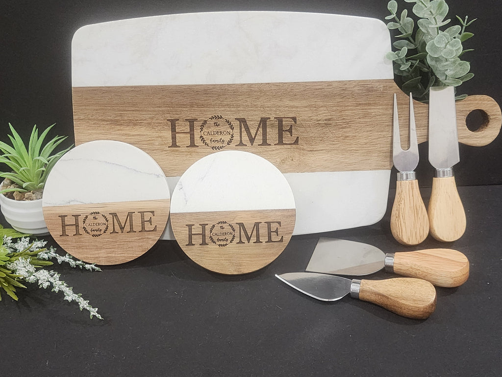 Engraved Marble Wood Coasters, Personalized Wedding Gift, Home Gift.