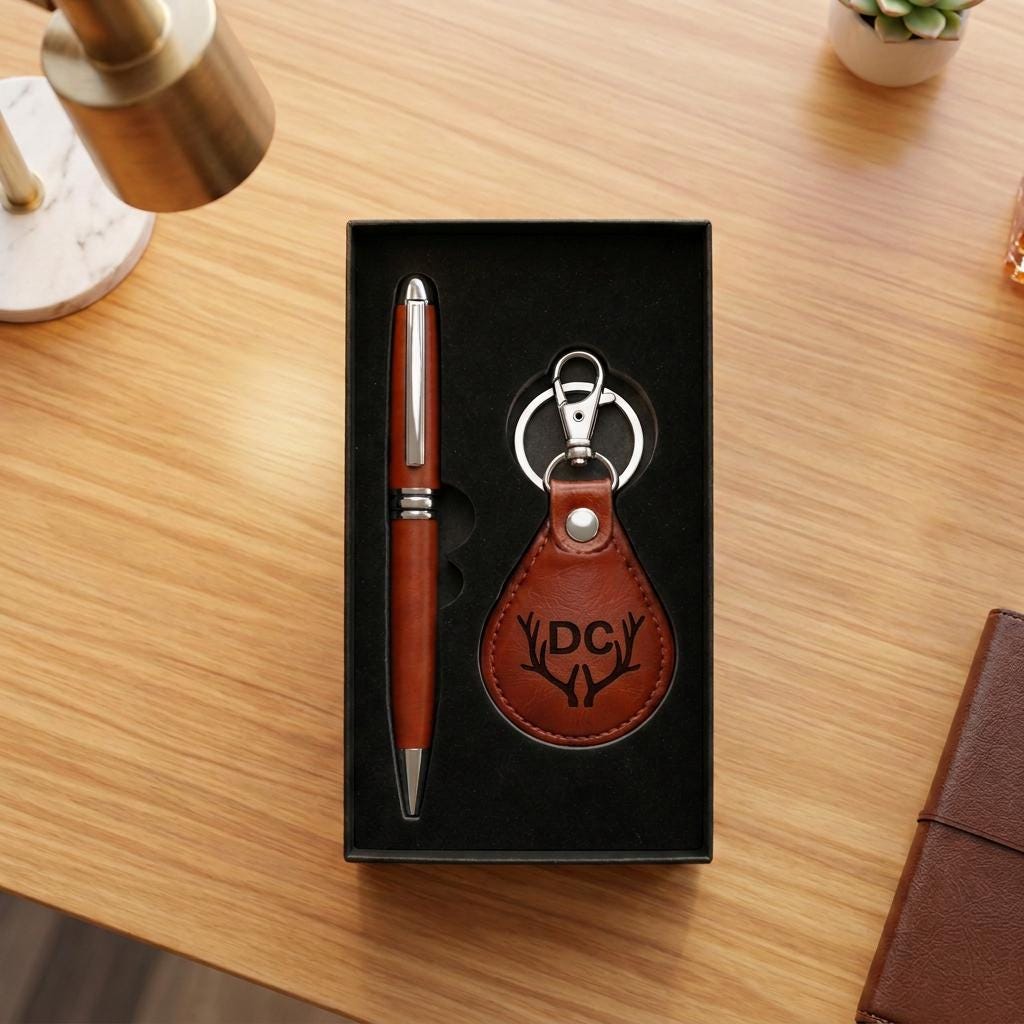 Corporate Gift Set Keychain Gift Set Laser Engraved Logo Business Promotion Personalized Stationery Pen and Key chain Set, Office Gift Box