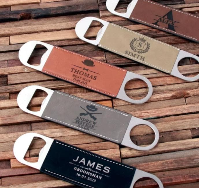 Drink and Barware, Stainless Steel Bottle Opener, Personalized Engraved Leatherette Bottle Opener, Beer Party Favor, Bar Tools, Gift for Him