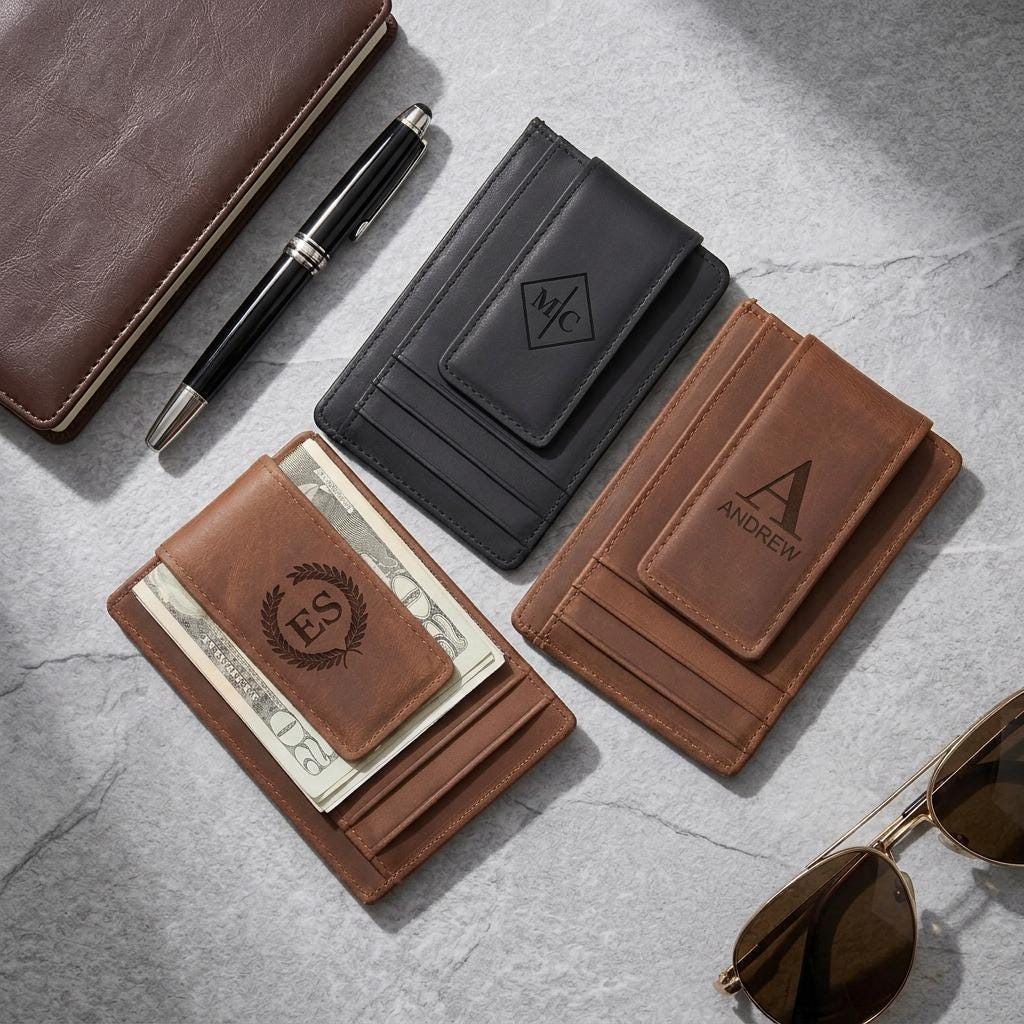 Money Clip, Personalized Gift For Him, Gift for Dad, Custom Gift for Dad, Engraved Genuine Leather Wallet, Custom Wallet, Gift for Men.