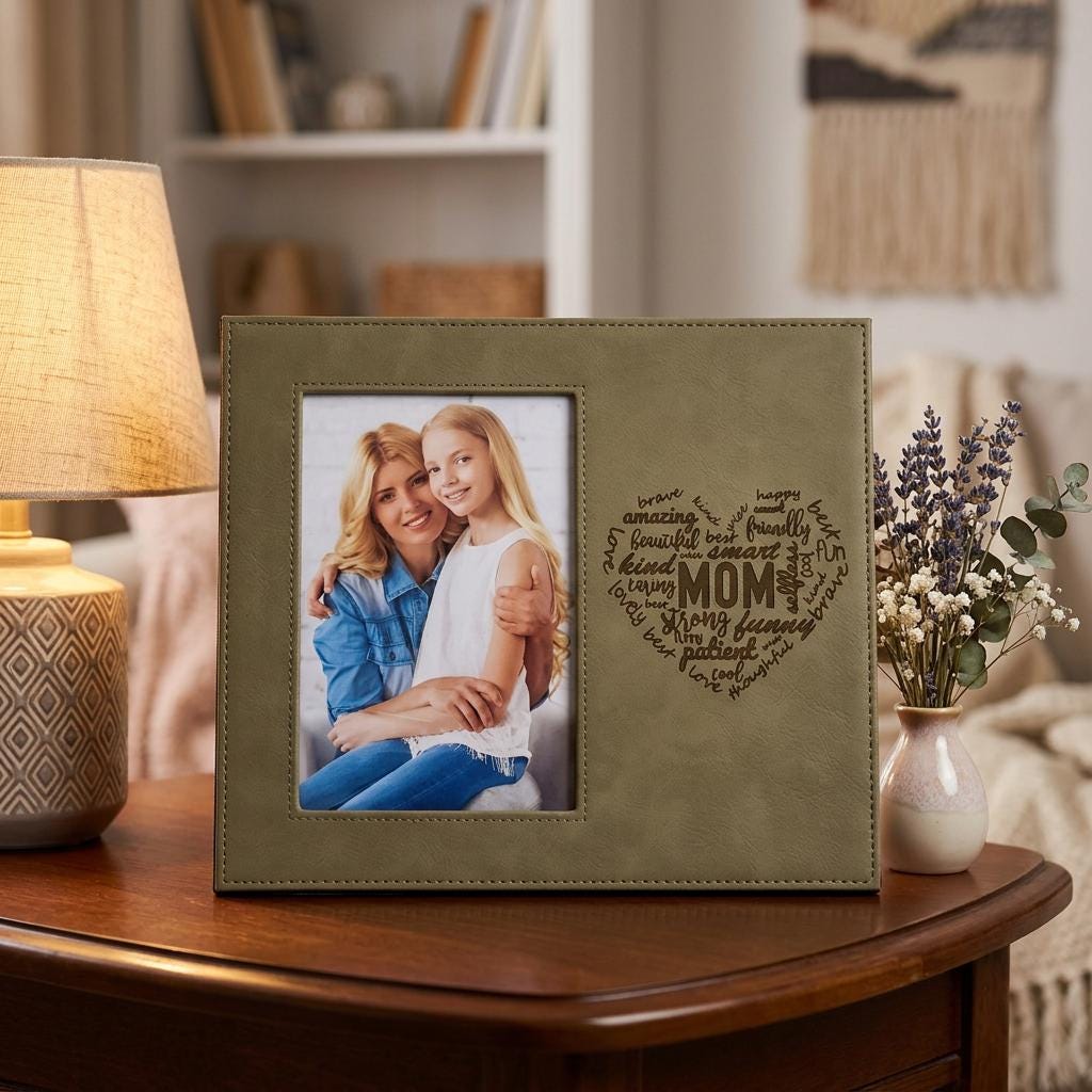 Custom Photo Frame, Personalized Add Your Custom Text Engraved Leatherette Faux Leather Hanging/Tabletop Personalized Group Family Photo