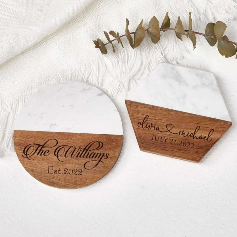 Engraved Marble Wood Coasters, Personalized Wedding Gift, Home Gift.