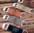 Drink and Barware, Stainless Steel Bottle Opener, Personalized Engraved Leatherette Bottle Opener, Beer Party Favor, Bar Tools, Gift for Him