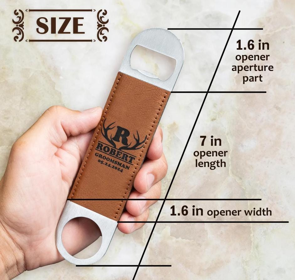Drink and Barware, Stainless Steel Bottle Opener, Personalized Engraved Leatherette Bottle Opener, Beer Party Favor, Bar Tools, Gift for Him