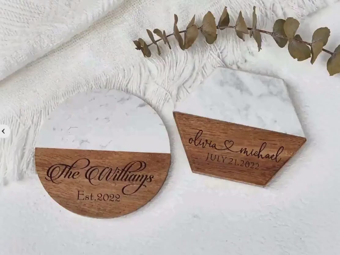 Engraved Marble Wood Coasters, Personalized Wedding Gift, Home Gift.