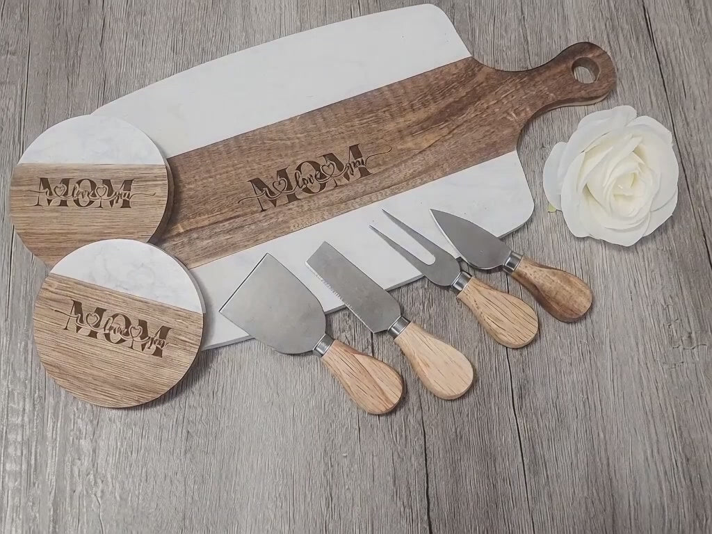 Personalized Marble Acacia Wood Charcuterie Board – Monogrammed Cheese Serving Platter
